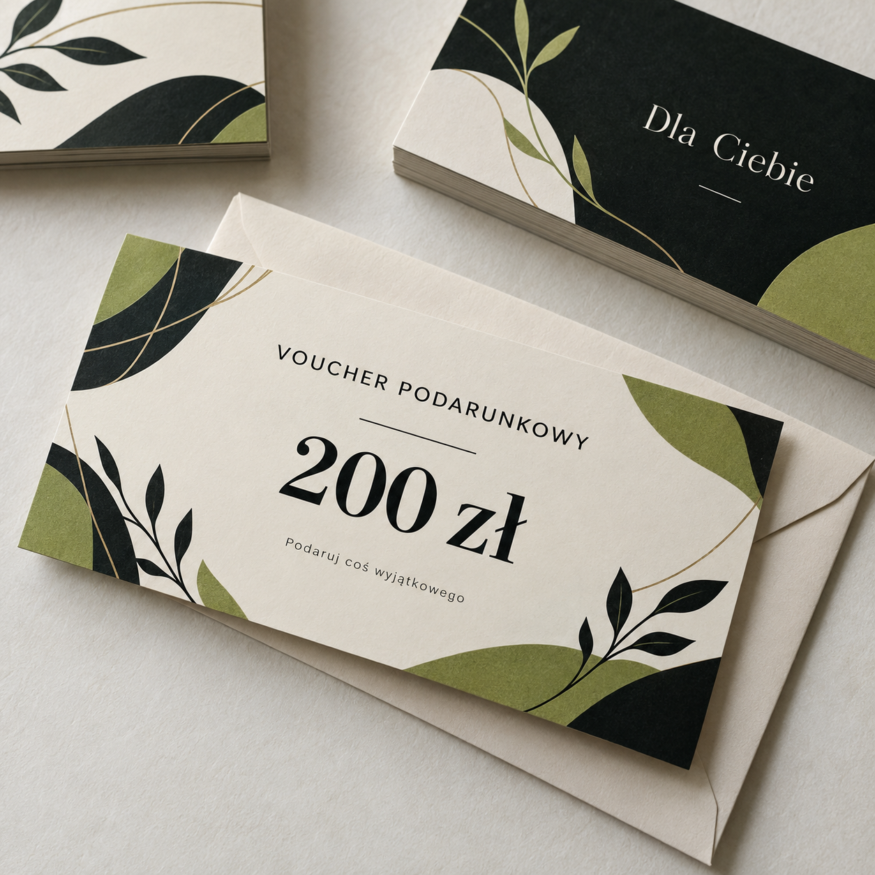 Voucher podarunkowy z nadrukiem 200 zł, dekoracją i kopertą